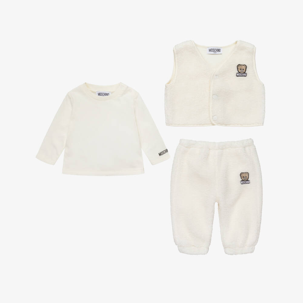 Moschino-Ivory Sherpa Gilet & Trouser Set with Teddy Bear Motif | Childrensalon