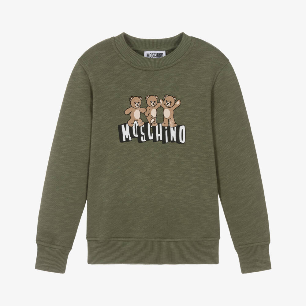 Moschino-Khaki Green Cotton 3 Bears Logo Sweatshirt | Childrensalon