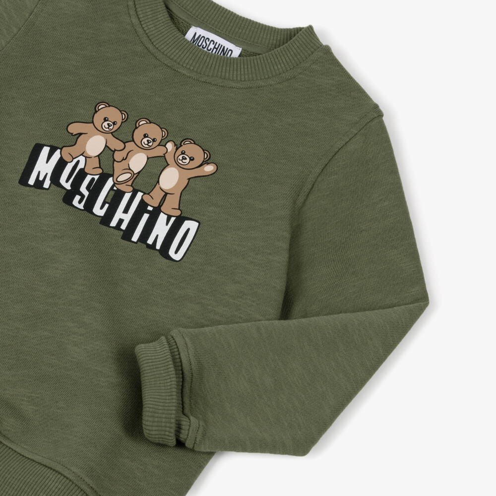 Moschino-Khaki Green Cotton 3 Bears Logo Sweatshirt | Childrensalon