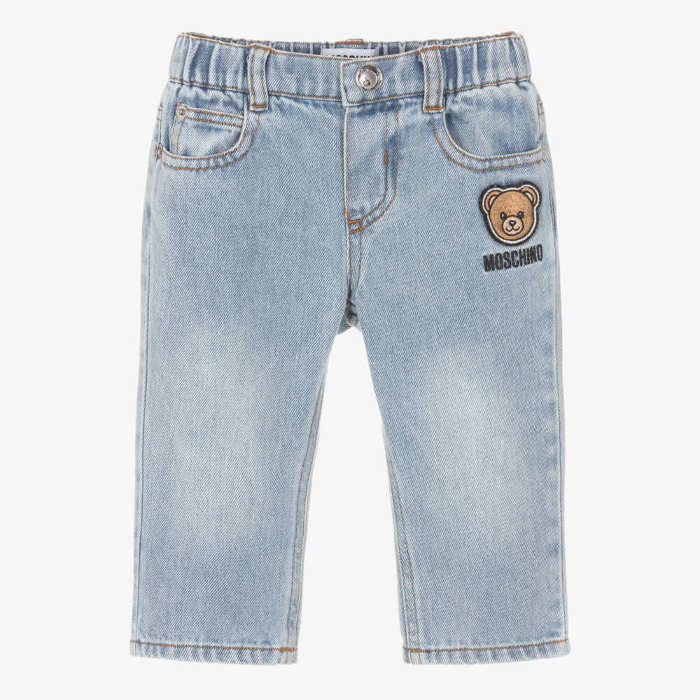 Moschino-Light Blue Wash Denim Jeans with Teddy Patch | Childrensalon