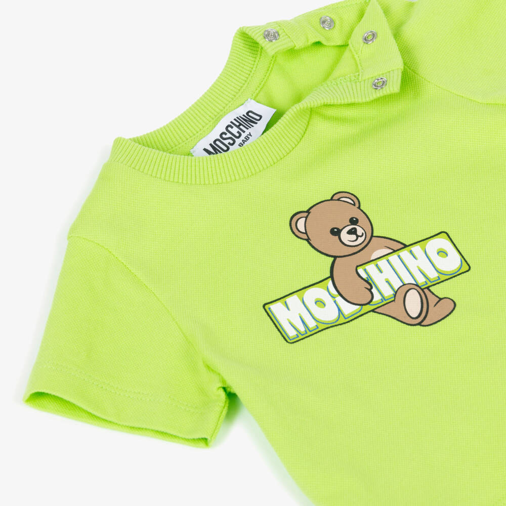 Moschino-Lime Green Cotton Pique Teddy Bear T-Shirt | Childrensalon