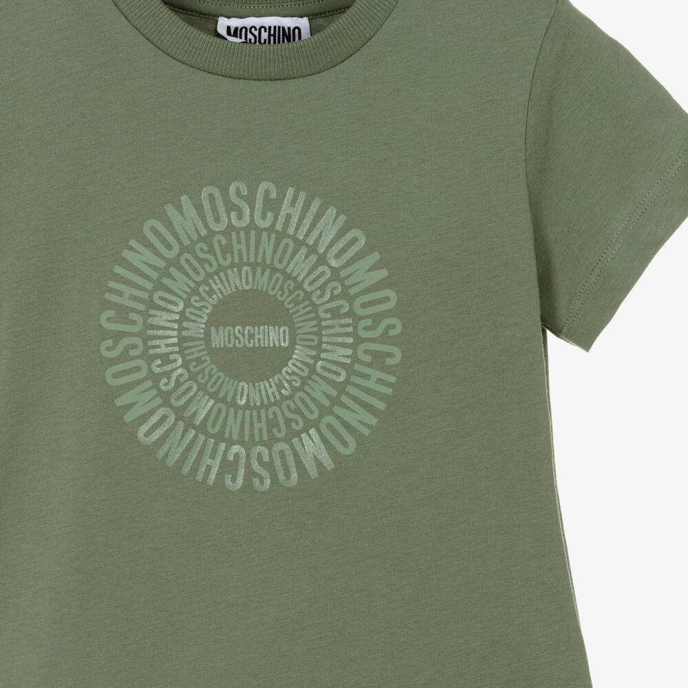Moschino-Moss Green Cotton Circular Logo T-Shirt | Childrensalon