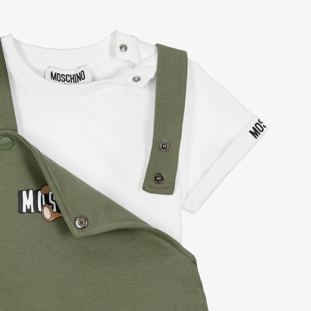 Moschino-Moss Green Cotton Teddy Bear Logo Dungaree Set | Childrensalon
