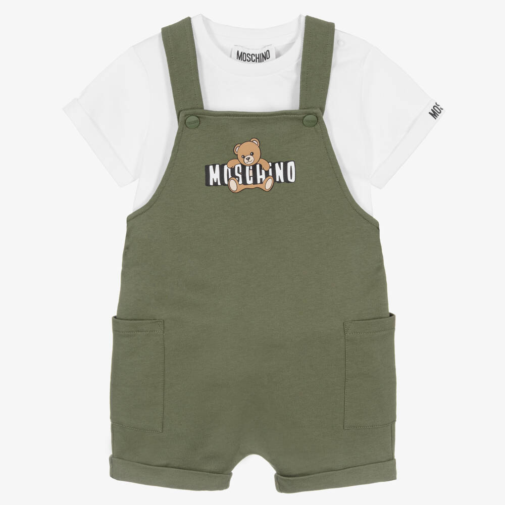 Moschino-Moss Green Cotton Teddy Bear Logo Dungaree Set | Childrensalon
