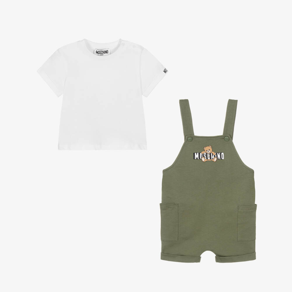 Moschino-Moss Green Cotton Teddy Bear Logo Dungaree Set | Childrensalon