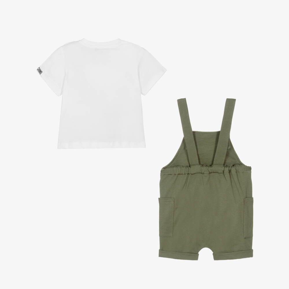 Moschino-Moss Green Cotton Teddy Bear Logo Dungaree Set | Childrensalon