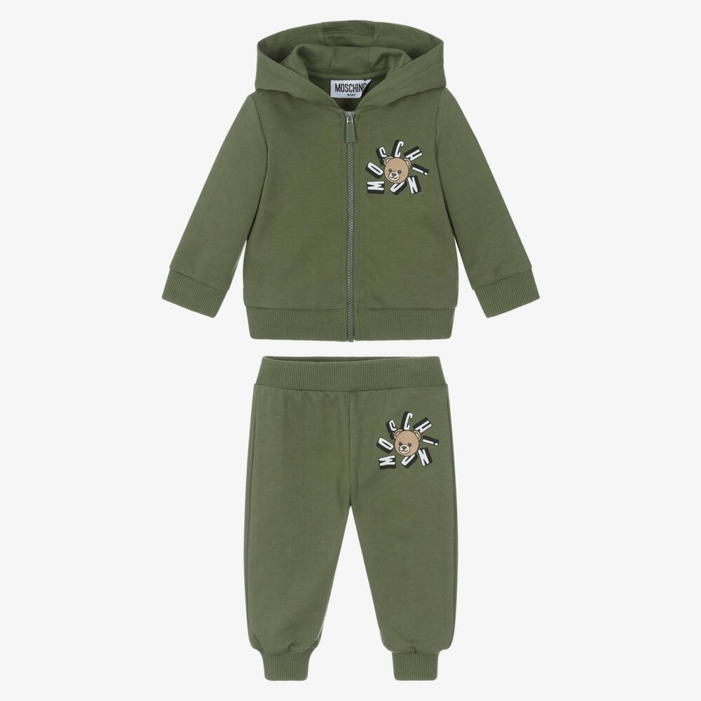 Moschino-Moss Green Cotton Teddy Bear Logo Tracksuit | Childrensalon