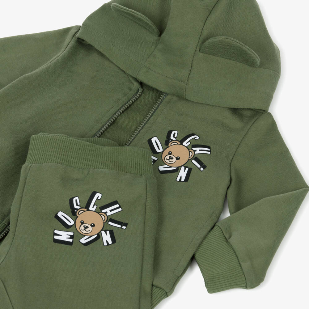 Moschino-Moss Green Cotton Teddy Bear Logo Tracksuit | Childrensalon