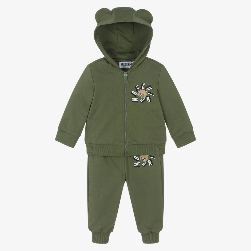 Moschino-Moss Green Cotton Teddy Bear Logo Tracksuit | Childrensalon