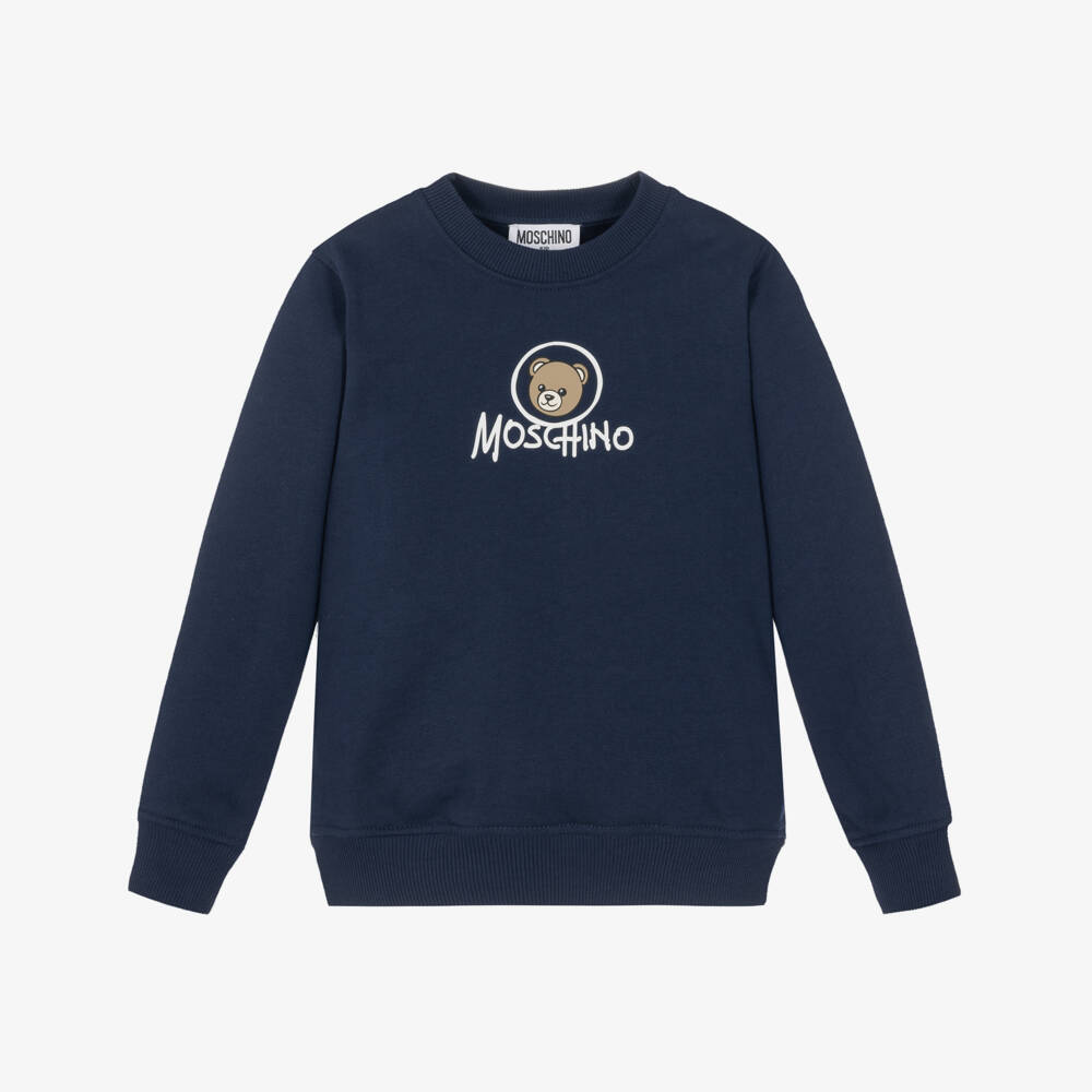 Moschino-Navy Blue Brushback Cotton Sweatshirt with Bear Logo | Childrensalon