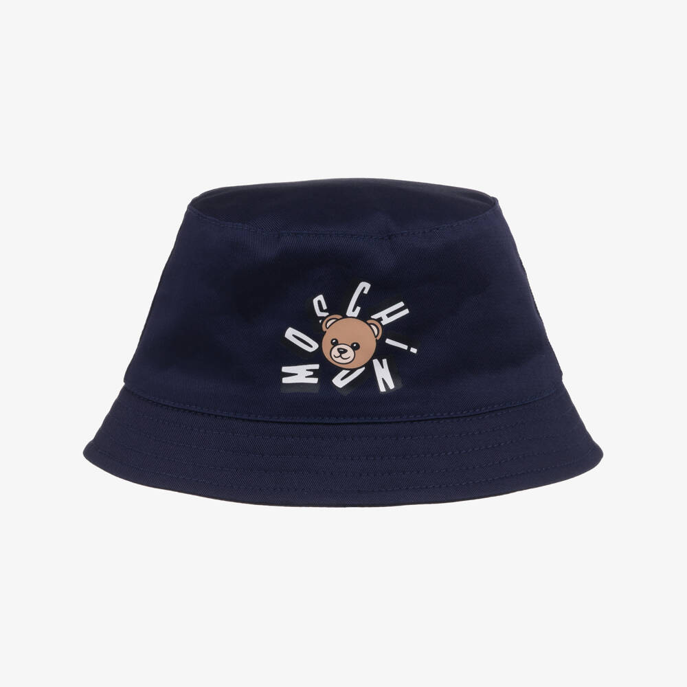 Moschino-Navy Blue Cotton Bucket Hat with Teddy Bear Logo | Childrensalon