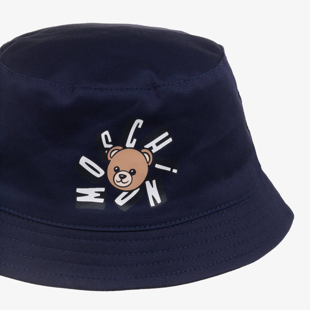 Moschino-Navy Blue Cotton Bucket Hat with Teddy Bear Logo | Childrensalon