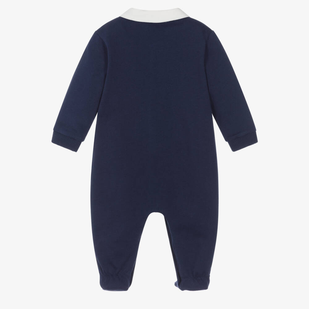 Moschino-Navy Blue Cotton Jersey Babygrow with Teddy Shaped Pockets | Childrensalon