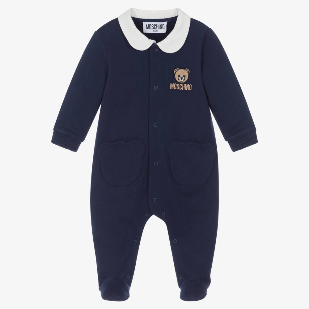 Moschino-Navy Blue Cotton Jersey Babygrow with Teddy Shaped Pockets | Childrensalon