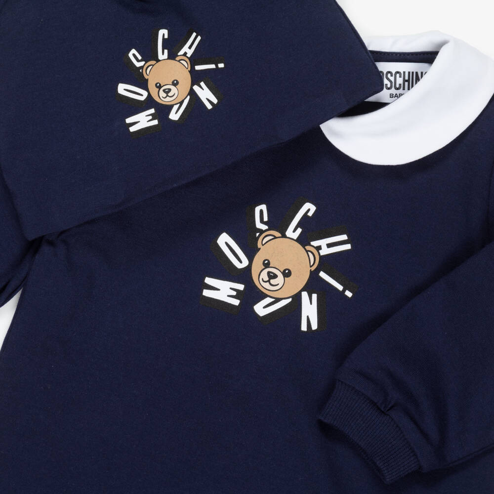 Moschino-Navy Blue Cotton Jersey Babysuit and Hat Set | Childrensalon