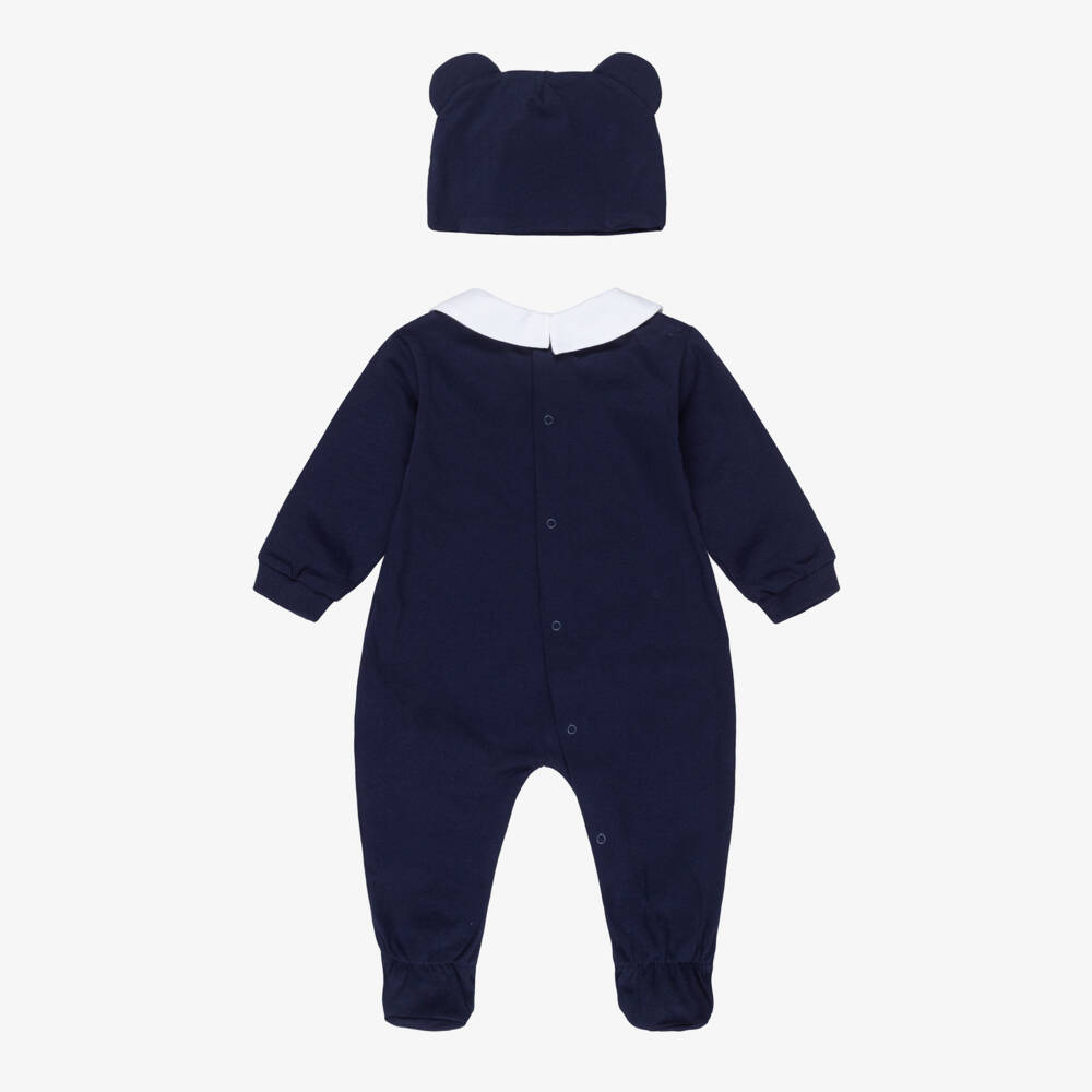 Moschino-Navy Blue Cotton Jersey Babysuit and Hat Set | Childrensalon