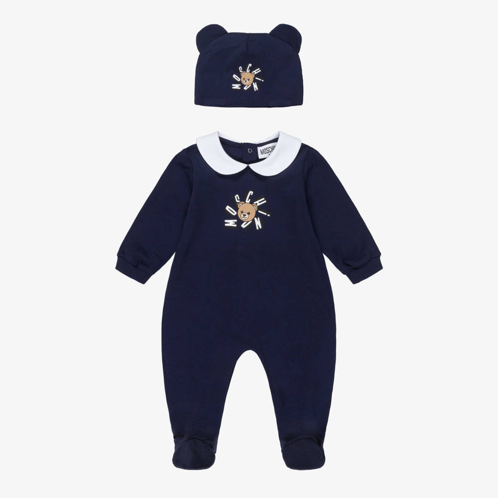 Moschino-Navy Blue Cotton Jersey Babysuit & Hat Set | Childrensalon