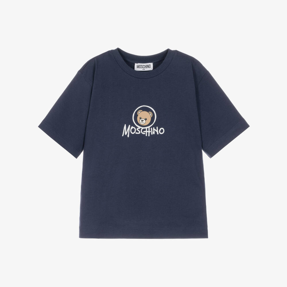 Moschino-Navy Blue Cotton Jersey T-Shirt with Bear Graphic | Childrensalon