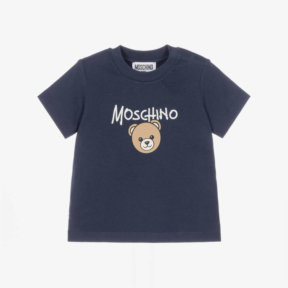 Moschino-Navy Blue Cotton Jersey T-Shirt with Teddy Bear Logo | Childrensalon
