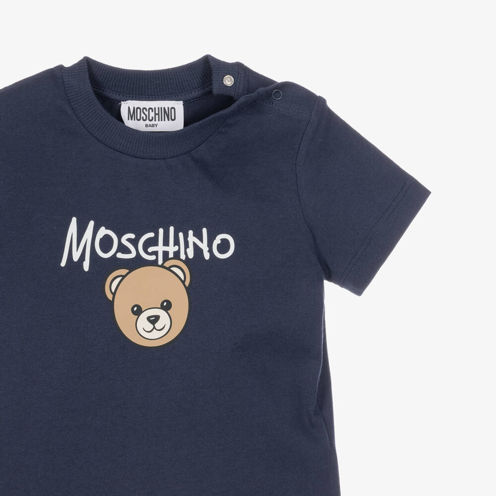 Moschino-Navy Blue Cotton Jersey T-Shirt with Teddy Bear Logo | Childrensalon