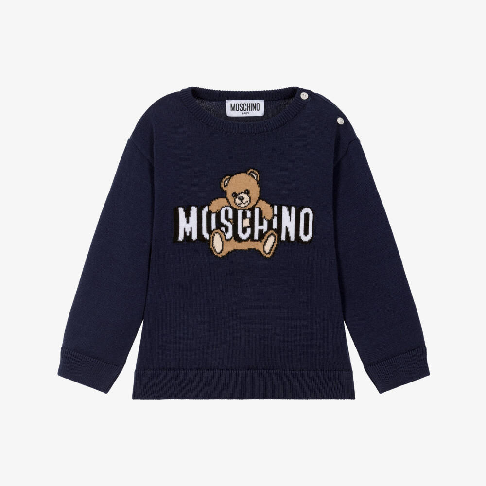 Moschino-Navy Blue Cotton Knit Sweater with Teddy Bear Logo | Childrensalon