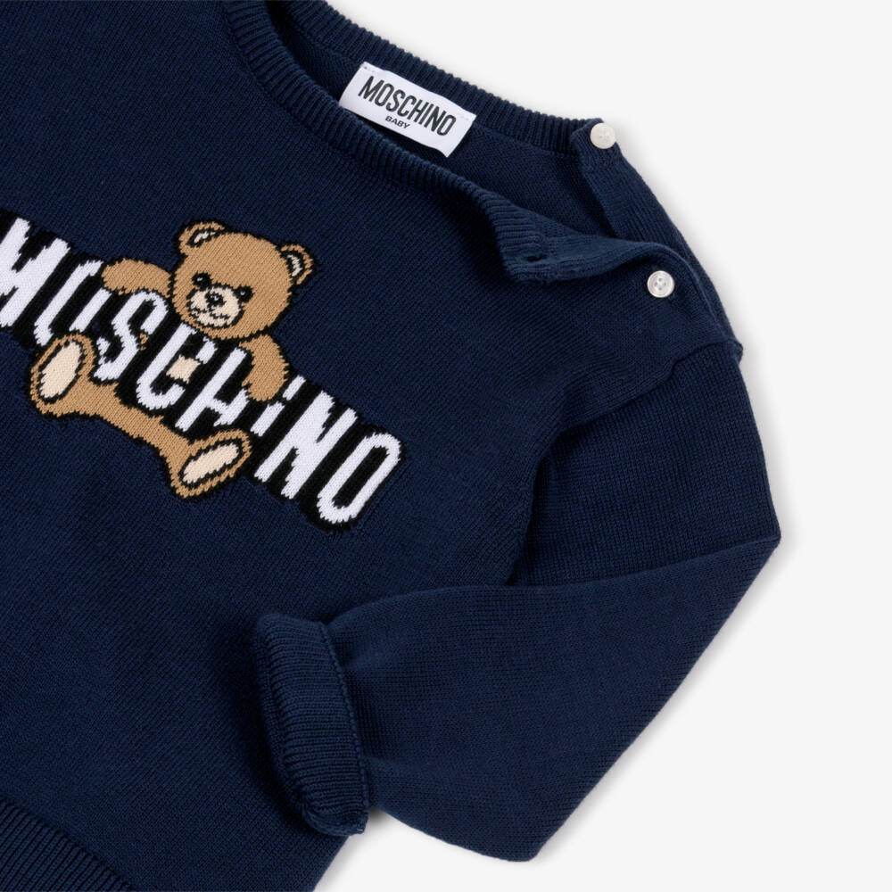 Moschino-Navy Blue Cotton Knit Sweater with Teddy Bear Logo | Childrensalon