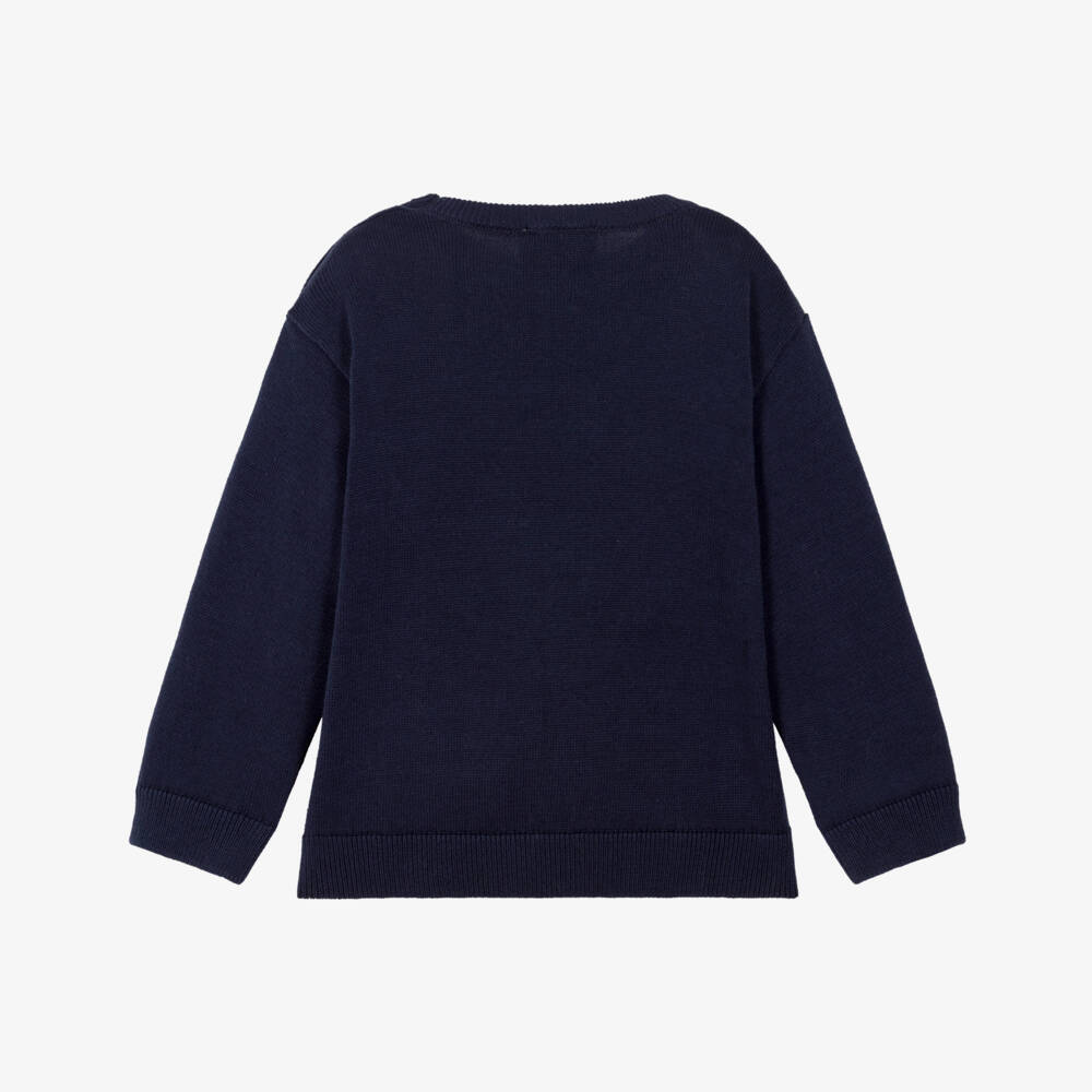Moschino-Navy Blue Cotton Knit Sweater with Teddy Bear Logo | Childrensalon