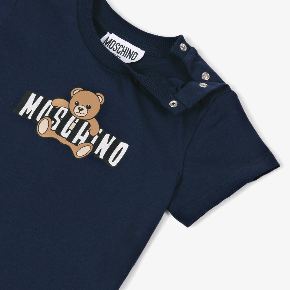 Moschino-Navy Blue Cotton T-Shirt with Teddy Bear Logo | Childrensalon