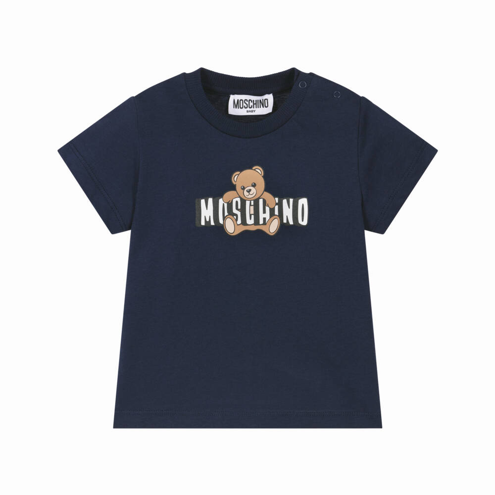 Moschino-Navy Blue Cotton T-Shirt with Teddy Bear Logo | Childrensalon