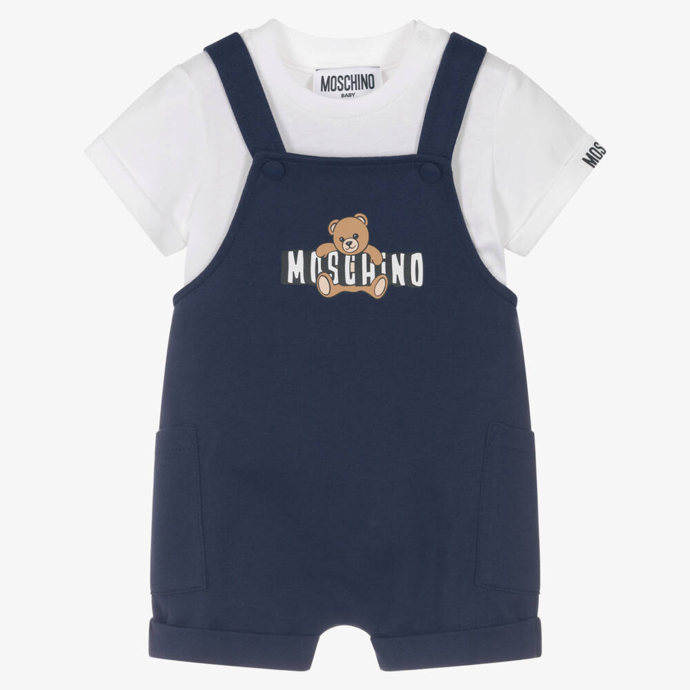 Moschino-Navy Blue Cotton Teddy Bear Logo Dungaree Set | Childrensalon