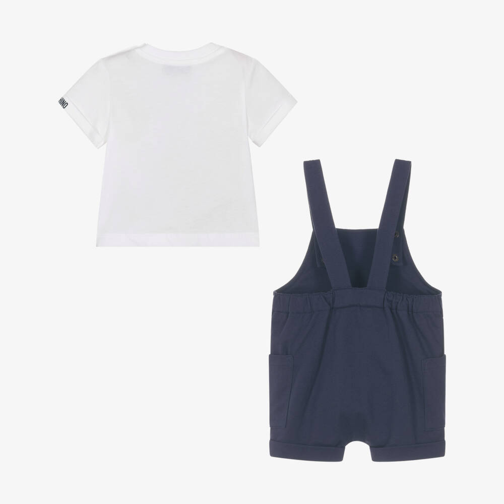 Moschino-Navy Blue Cotton Teddy Bear Logo Dungaree Set | Childrensalon