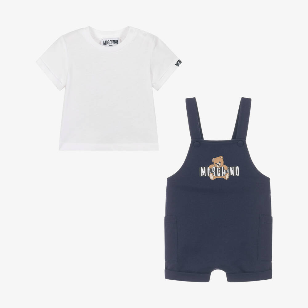 Moschino-Navy Blue Cotton Teddy Bear Logo Dungaree Set | Childrensalon