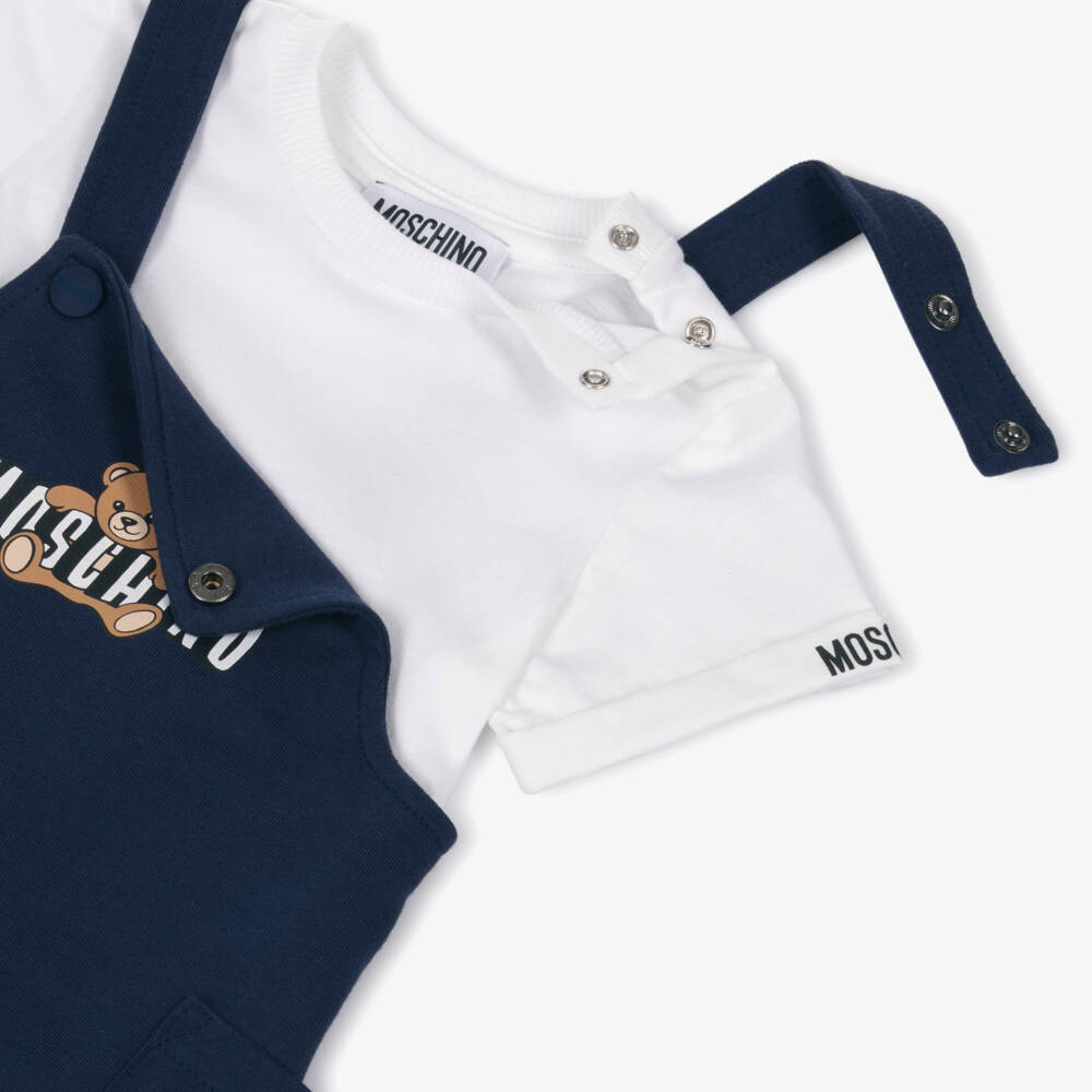 Moschino-Navy Blue Cotton Teddy Bear Logo Dungaree Set | Childrensalon