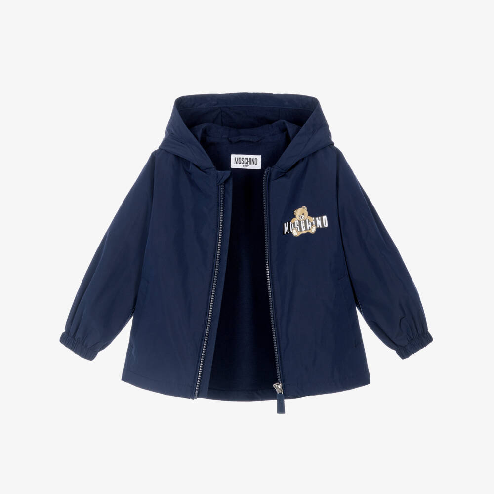 Moschino-Navy Blue Hooded Jacket with Teddy Bear Logo Motif | Childrensalon