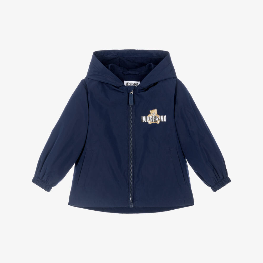 Moschino-Navy Blue Hooded Jacket with Teddy Bear Logo Motif | Childrensalon