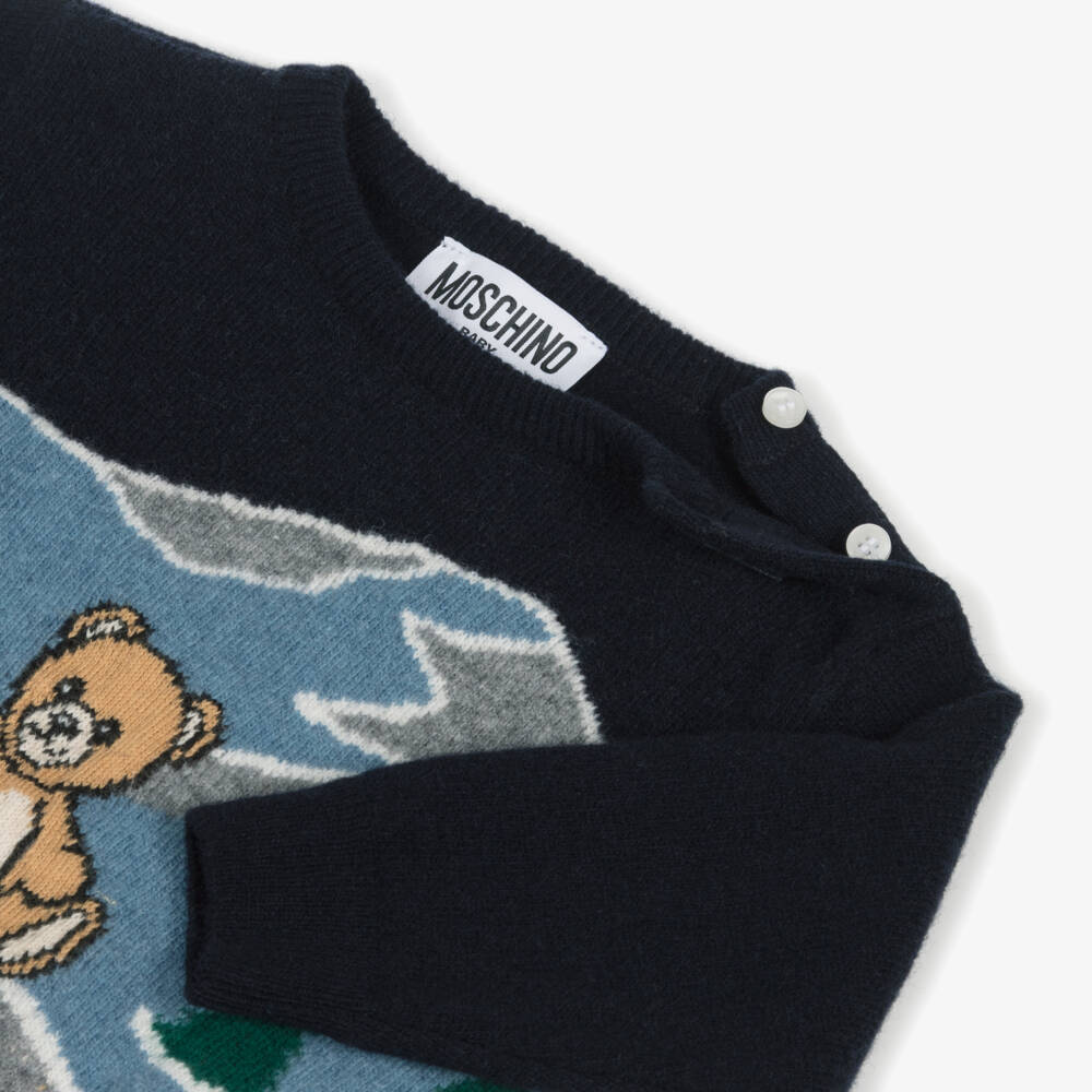 Moschino-Navy Blue Wool Knit Forest Sweater | Childrensalon