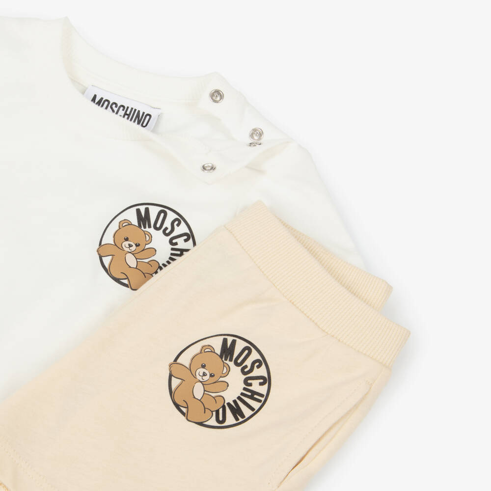 Moschino-Pale Beige Cotton Jersey Shorts Set with Teddy Bear Logo | Childrensalon