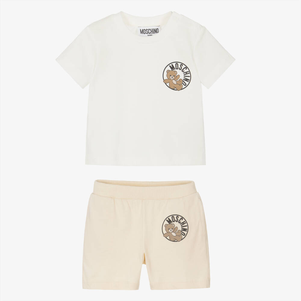 Moschino-Pale Beige Cotton Jersey Shorts Set with Teddy Bear Logo | Childrensalon