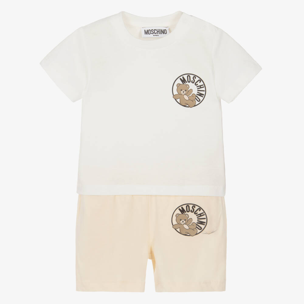 Moschino-Pale Beige Cotton Jersey Shorts Set with Teddy Bear Logo | Childrensalon
