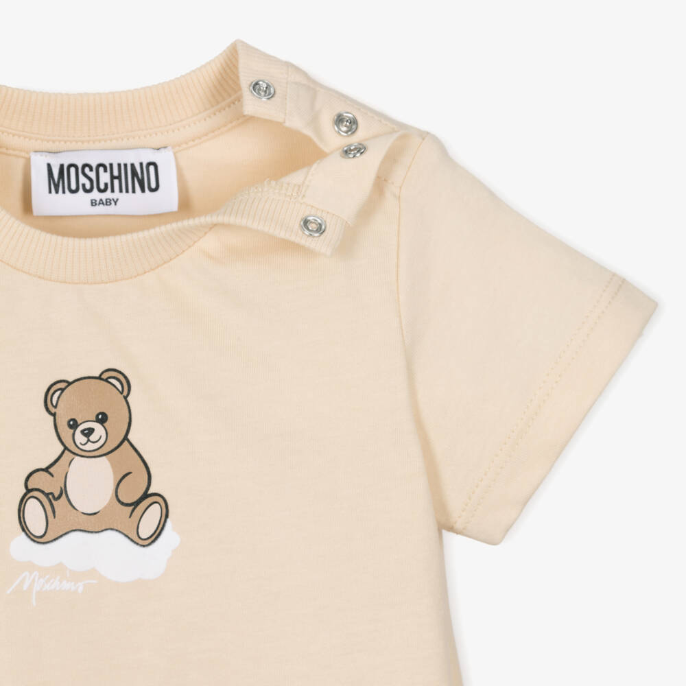 Moschino-Pale Beige Cotton T-Shirt with Teddy Bear Logo | Childrensalon