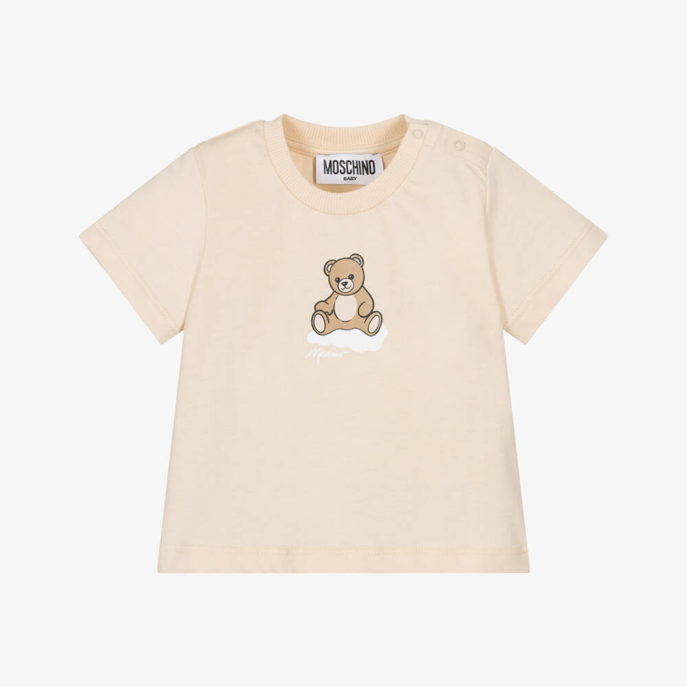 Moschino-Pale Beige Cotton T-Shirt with Teddy Bear Logo | Childrensalon