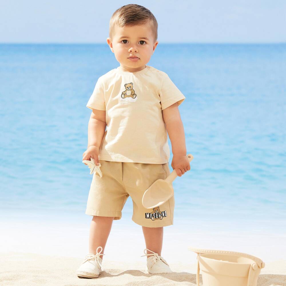 Moschino-Pale Beige Cotton T-Shirt with Teddy Bear Logo | Childrensalon