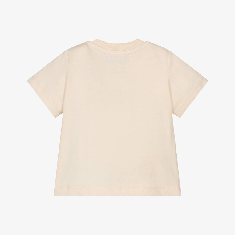 Moschino-Pale Beige Cotton T-Shirt with Teddy Bear Logo | Childrensalon