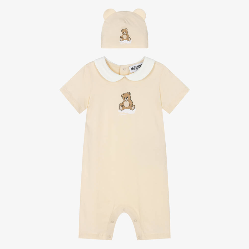 Moschino-Pale Beige Cotton Teddy Bear Hat & Shortie Set | Childrensalon