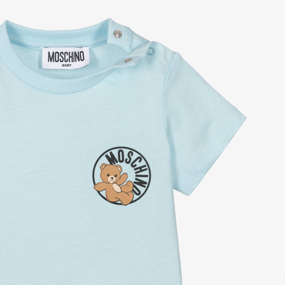 Moschino-Pale Blue Cotton T-Shirt with Teddy Bear Logo | Childrensalon