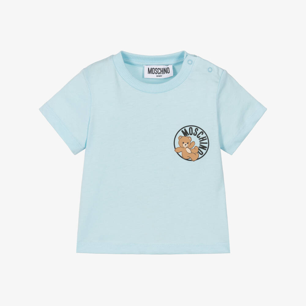 Moschino-Pale Blue Cotton T-Shirt with Teddy Bear Logo | Childrensalon