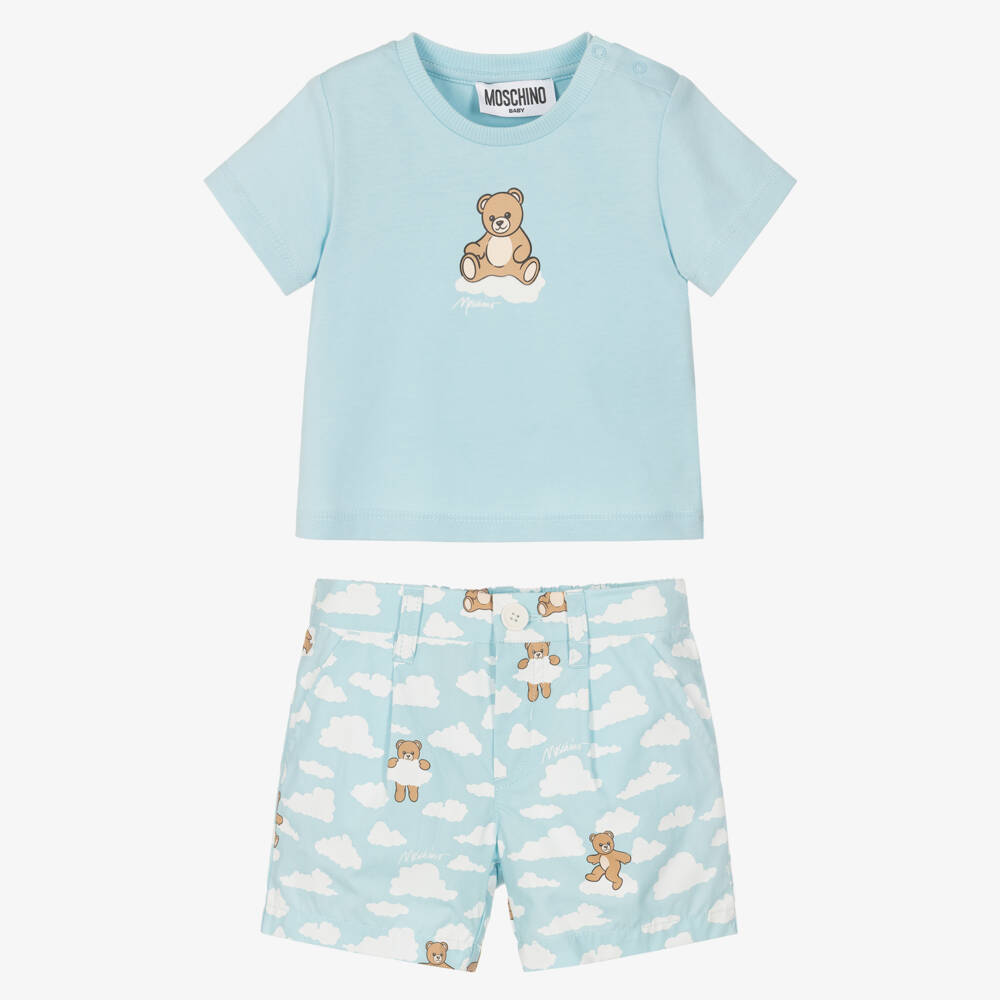 Moschino-Pale Blue Teddy Bear Print Shorts Set | Childrensalon