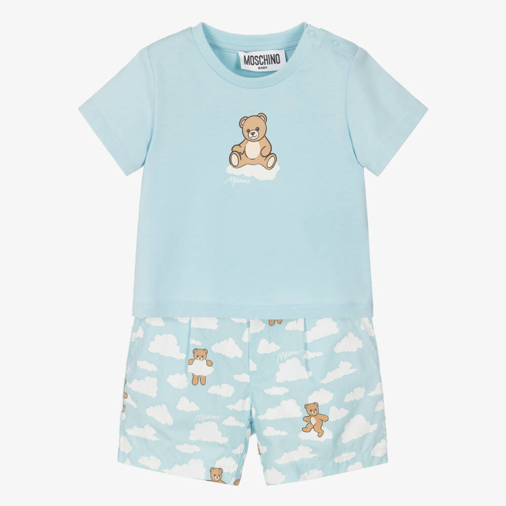 Moschino-Pale Blue Teddy Bear Print Shorts Set | Childrensalon