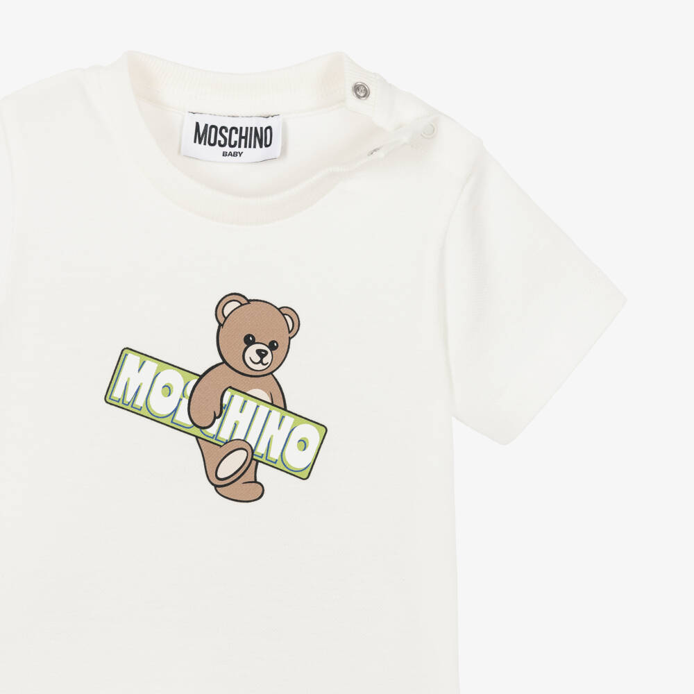 Moschino-Pale Ivory Cotton Pique Teddy Bear T-Shirt | Childrensalon