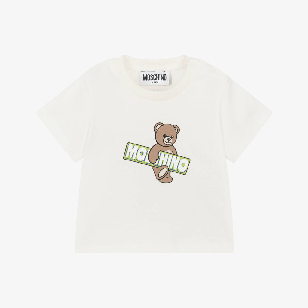 Moschino-Pale Ivory Cotton Pique Teddy Bear T-Shirt | Childrensalon